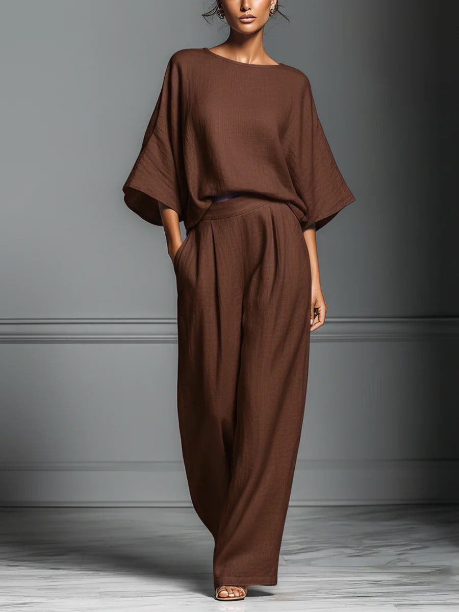Women’s Flared-Sleeve Linen Suit Two Piece Set Brown