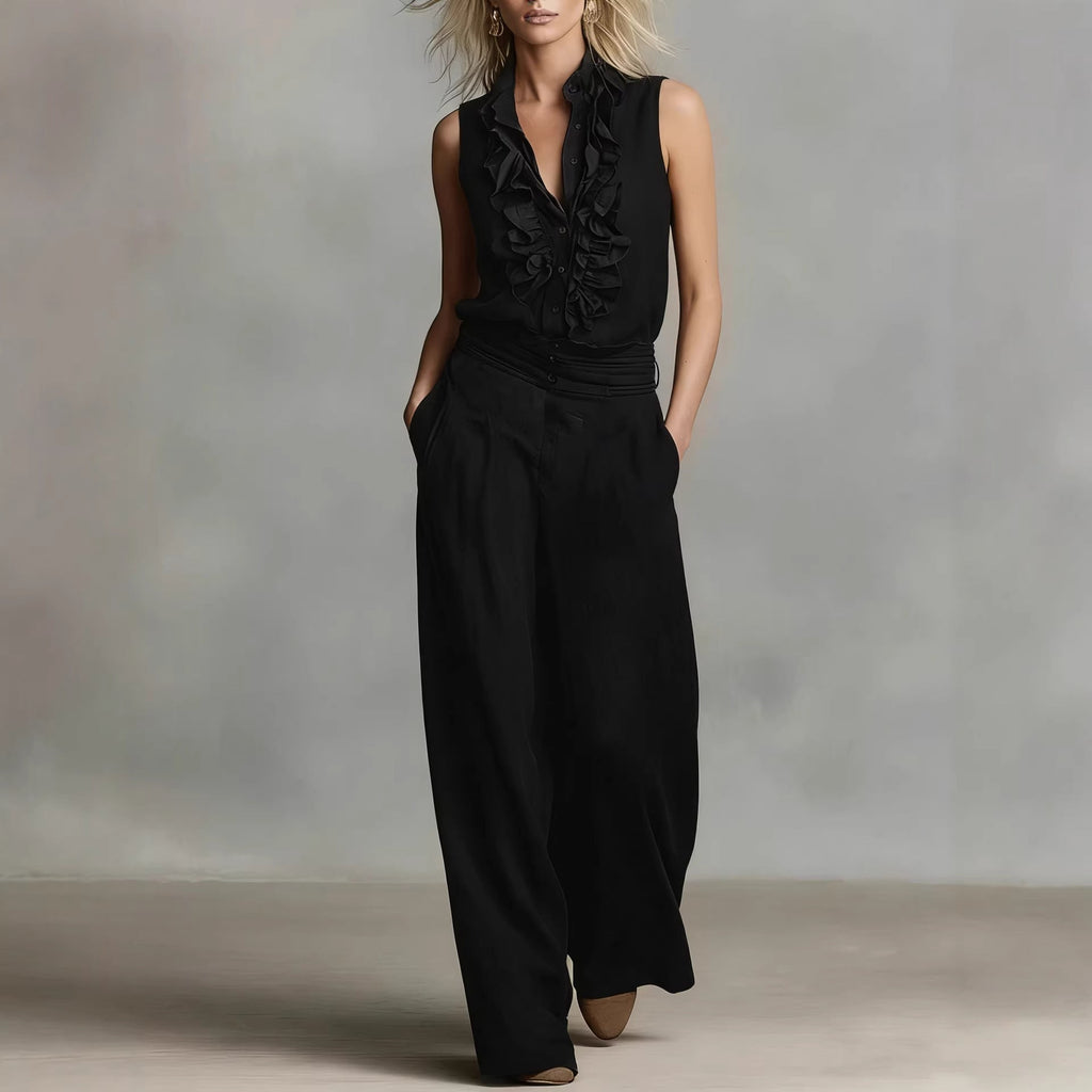 Women’s Linen Blend Two-Piece Set – Sleeveless Shirt & Wide-Leg Pants Black