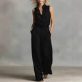 Women’s Linen Blend Two-Piece Set – Sleeveless Shirt & Wide-Leg Pants Black