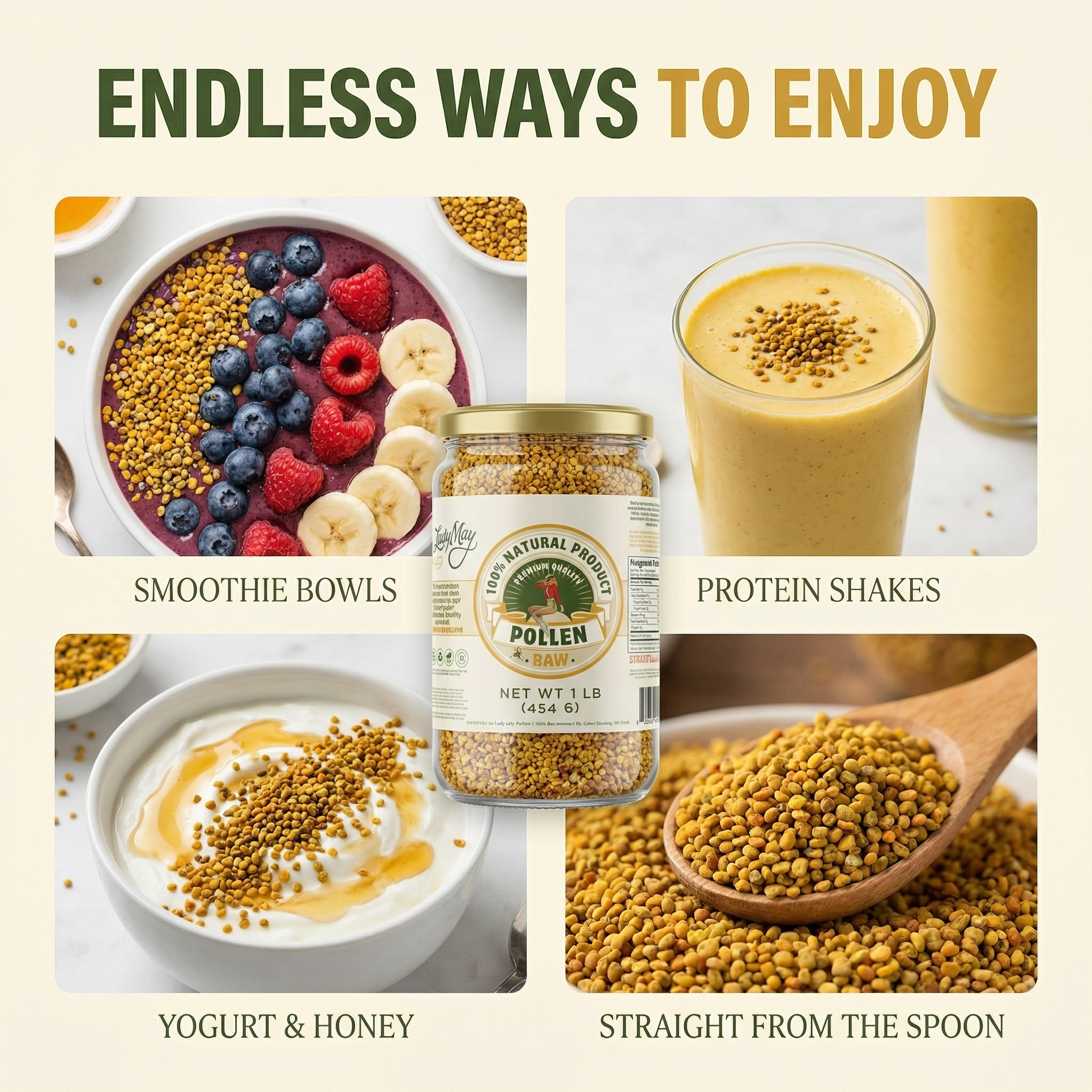 Honeymakers Raw Bee Pollen Granules by The Lady May – 100% Pure, Unheated – Non-GMO, Gluten-Free, Rich in Protein & Antioxidants (24 oz)
