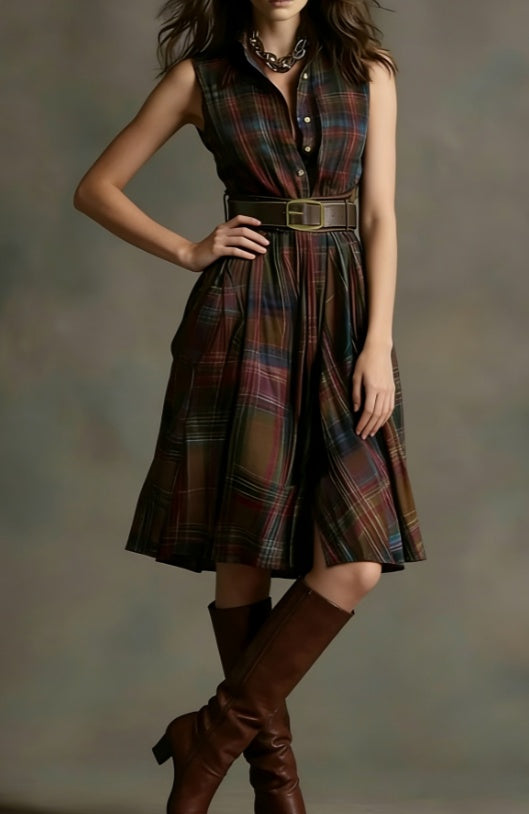 Women's Plaid Collared Sleeveless Fitted Waist Dress Brown (No belt)