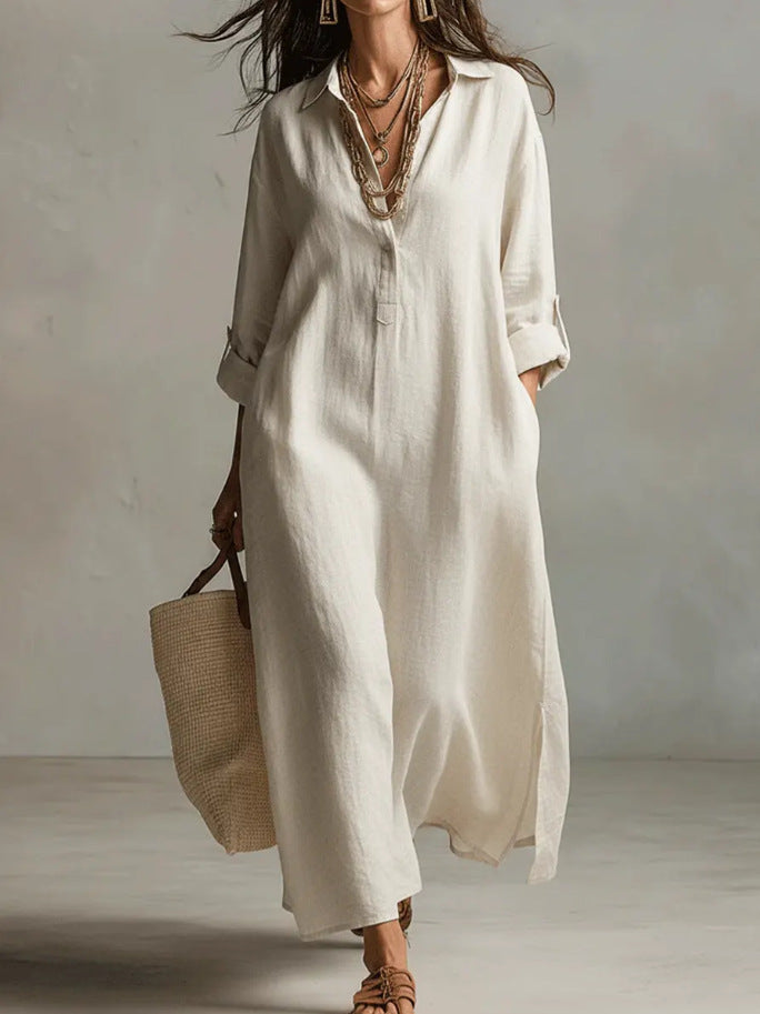 Women's Casual Long-Sleeve Linen Shirt Dress – Relaxed Fit Milky White