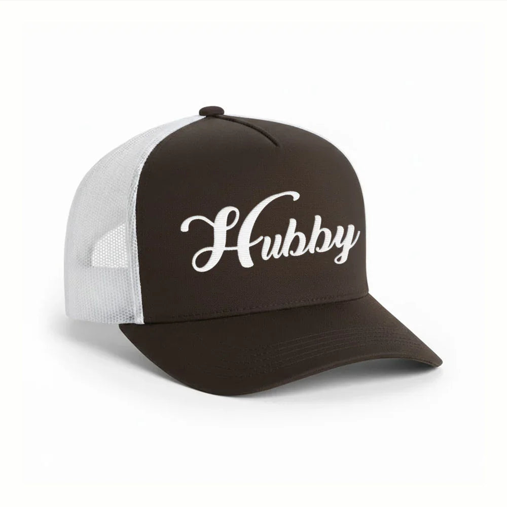 Embroidered Hubby Trucker Hat – Classic Mesh Cap for Wedding or Anniversary Black - White