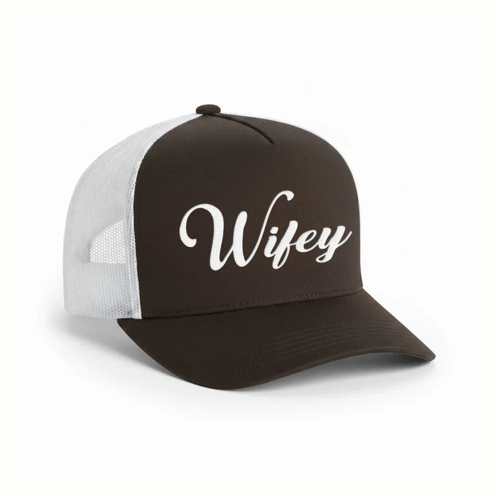 Embroidered Wifey Trucker Hat – Classic Mesh Cap for Wedding or Anniversary Black - White