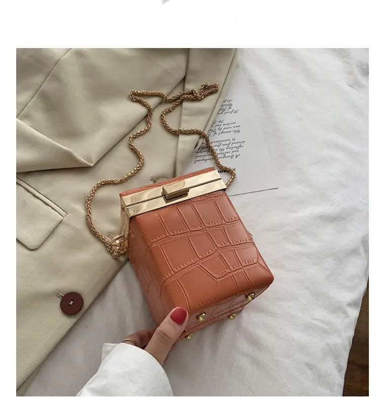 Small Retro Stone Pattern Square Bag for Women brown