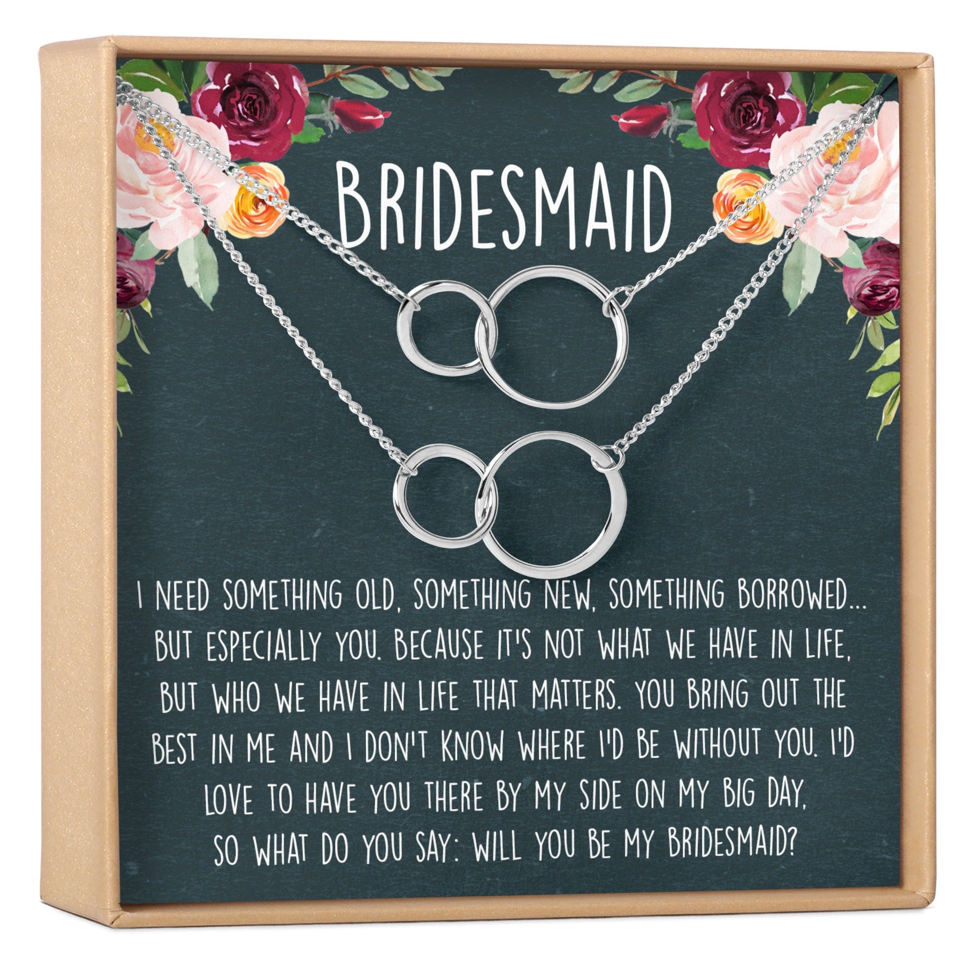 Bridesmaids Necklace, Multiple Styles 2 Interlocking Circles, Set of 2 Silver