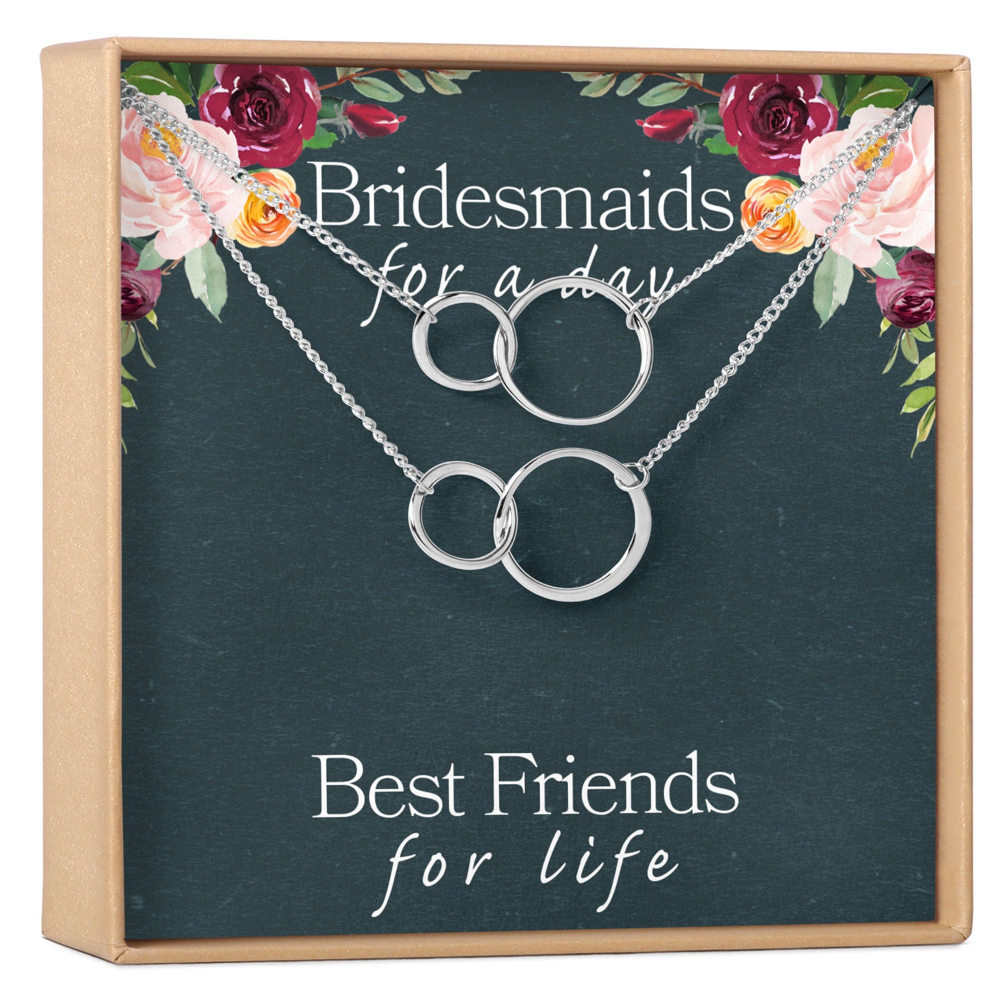 Bridesmaids Necklace, Multiple Styles 2 Interlocking Circles, Set of 2 Silver