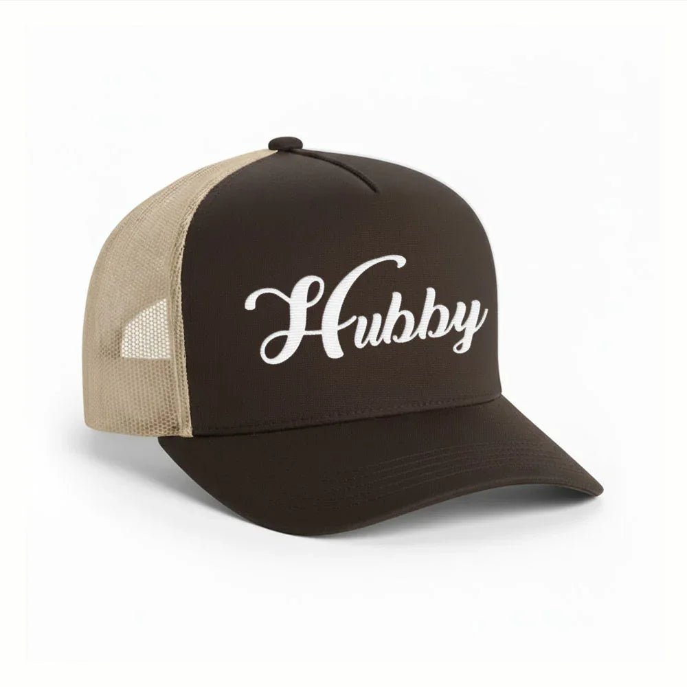 Embroidered Hubby Trucker Hat – Classic Mesh Cap for Wedding or Anniversary Brown - Khaki
