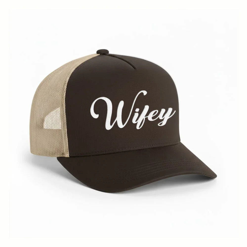 Embroidered Wifey Trucker Hat – Classic Mesh Cap for Wedding or Anniversary Brown - Khaki