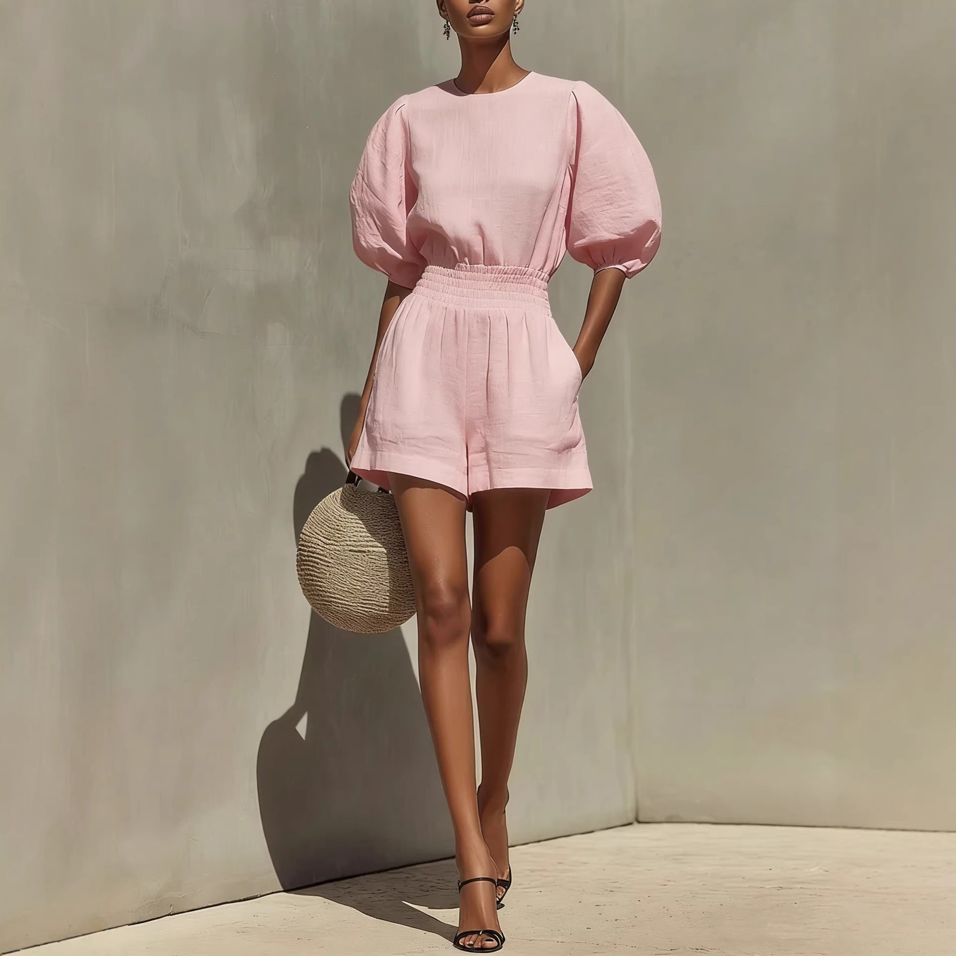 Women's Puff-Sleeve Top & Cropped Shorts Set – Casual Chic Pink