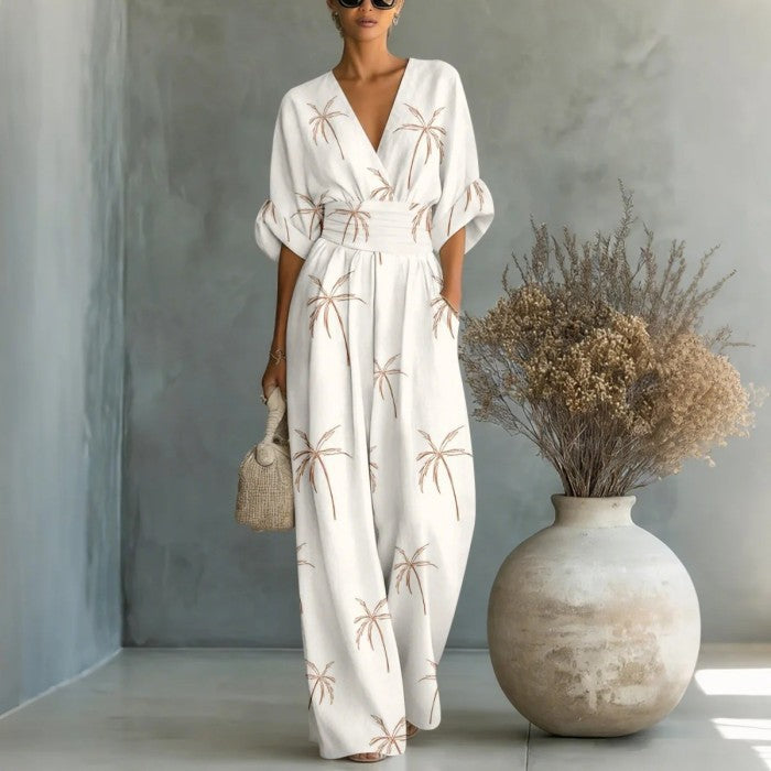 Women's Waist-Cinched V-Neck Printed Wide-Leg Jumpsuit 5color