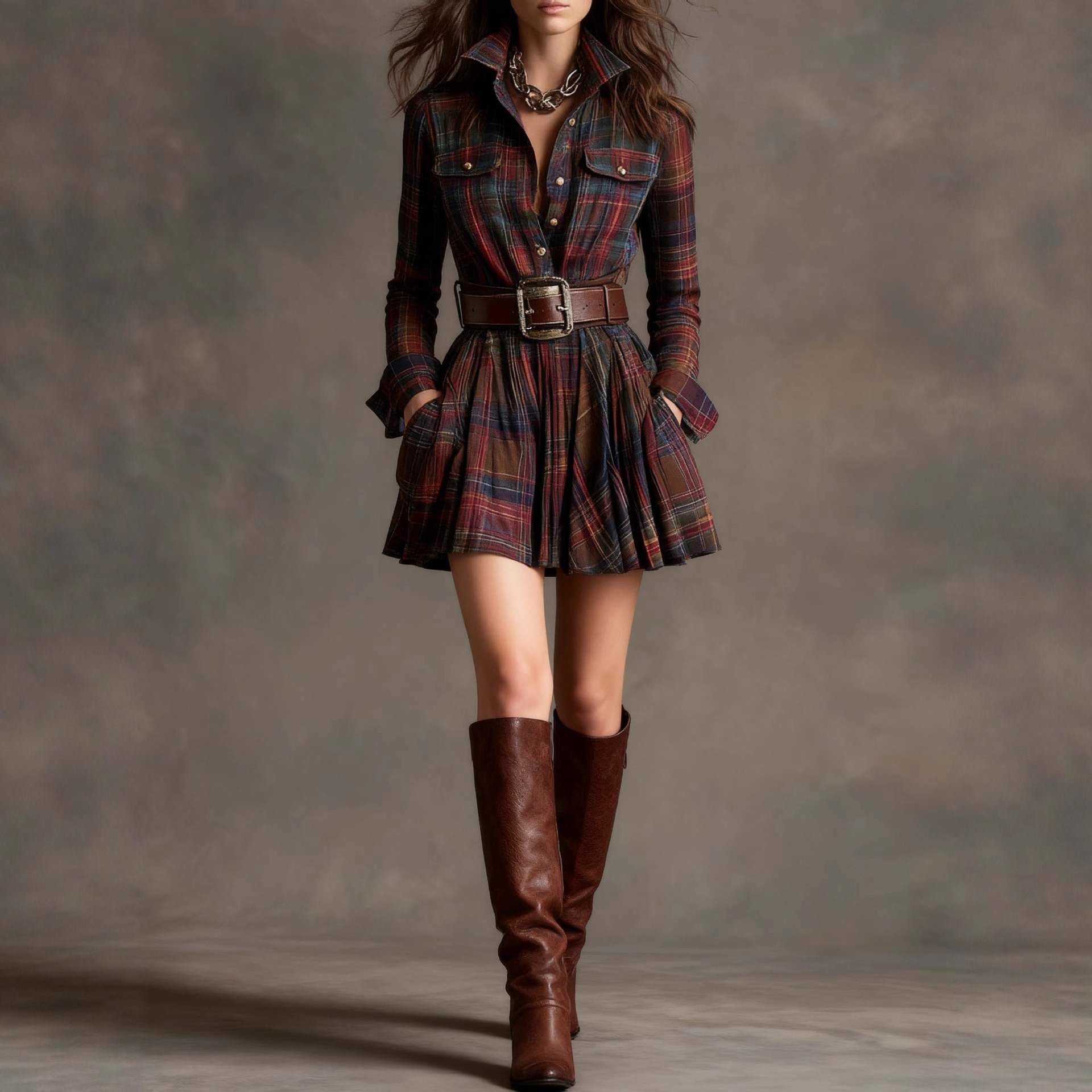 Women's Elegant Plaid Long Sleeve Mini Dress | Belted Plaid