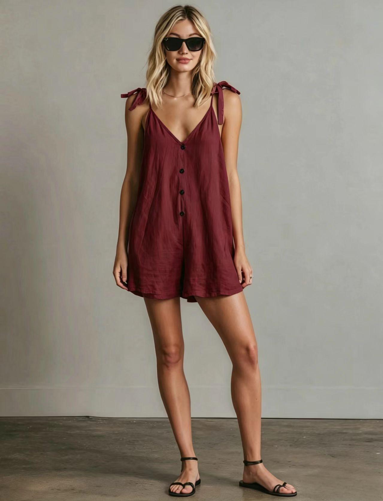 Women's V-Neck Sleeveless Jumpsuit – Cardigan Strap Cropped Straight-Leg Wine Red