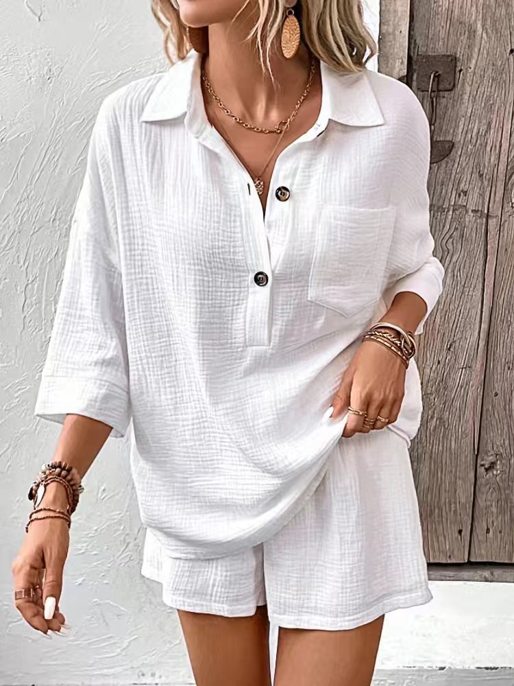 Women's Lapel Collar Double-Panel Shirt & Shorts Two-Piece Set White
