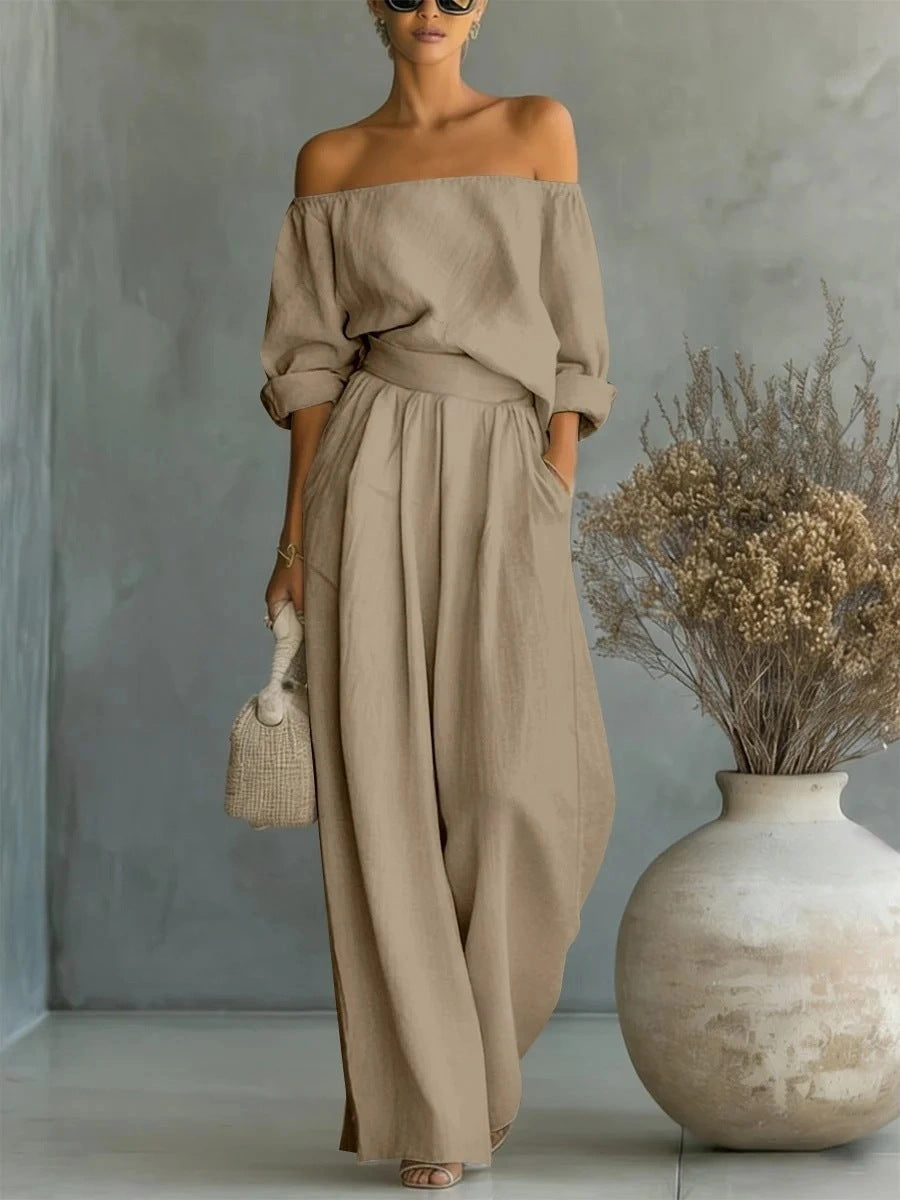 Women's Off-Shoulder Long-Sleeve Top & Wide-Leg Pants Two-Piece Set Khaki