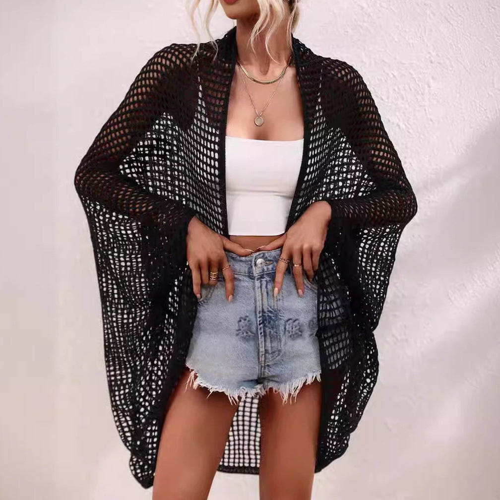 Women's Hollow-Out Shawl Cardigan – Batwing Sleeve Sun-Protective Cover-Up Black Free Size