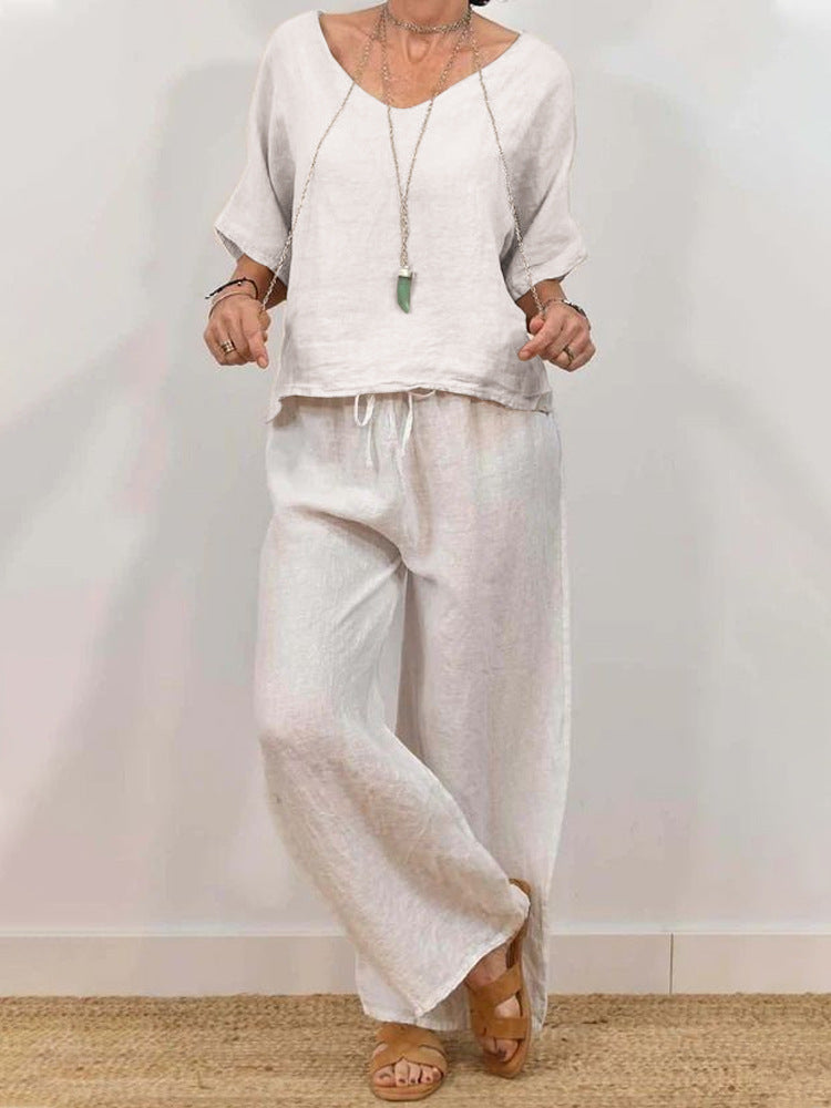Women’s Multi Color Two Piece Set V Neck Top & Pants Beige