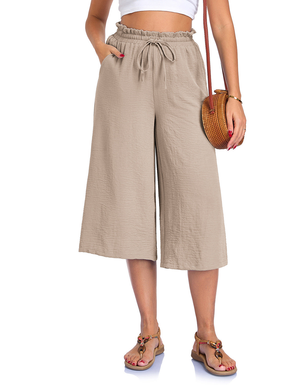 Women’s Elastic Cropped Wide-Leg Pants Khaki