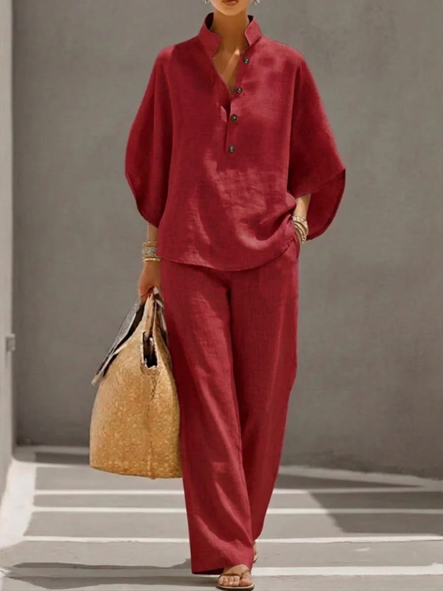 Women’s Casual Shirt and Full-Length Pants Set Wine Red