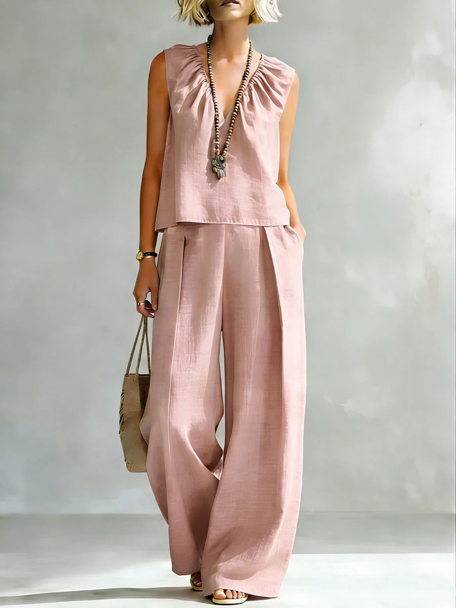 Women's Sleeveless Cotton-Linen Shirt & Pants Set – Urban 2-Piece Pink