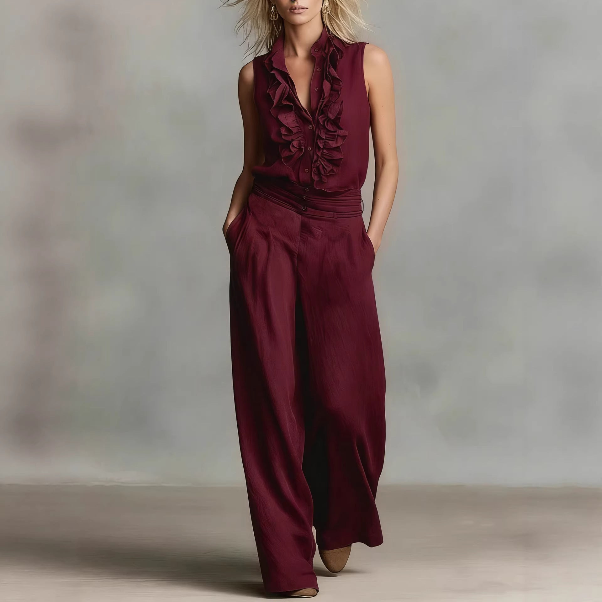 Women’s Linen Blend Two-Piece Set – Sleeveless Shirt & Wide-Leg Pants Wine Red