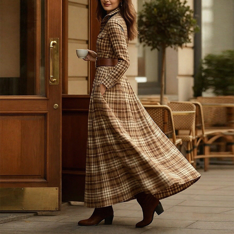 Women's Printed Lapel Slim-Fit Dress – Elegant Commuter Style Apricot
