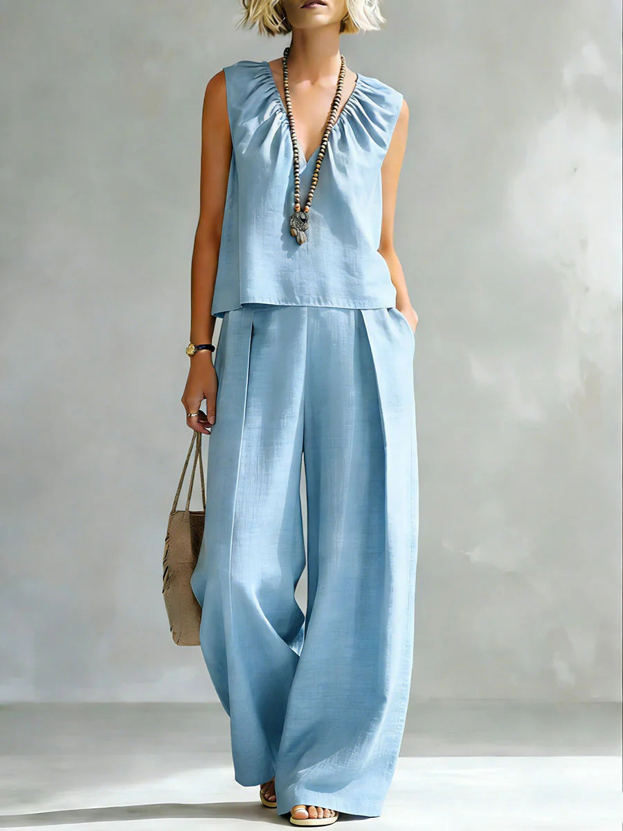 Women's Sleeveless Cotton-Linen Shirt & Pants Set – Urban 2-Piece Light Blue