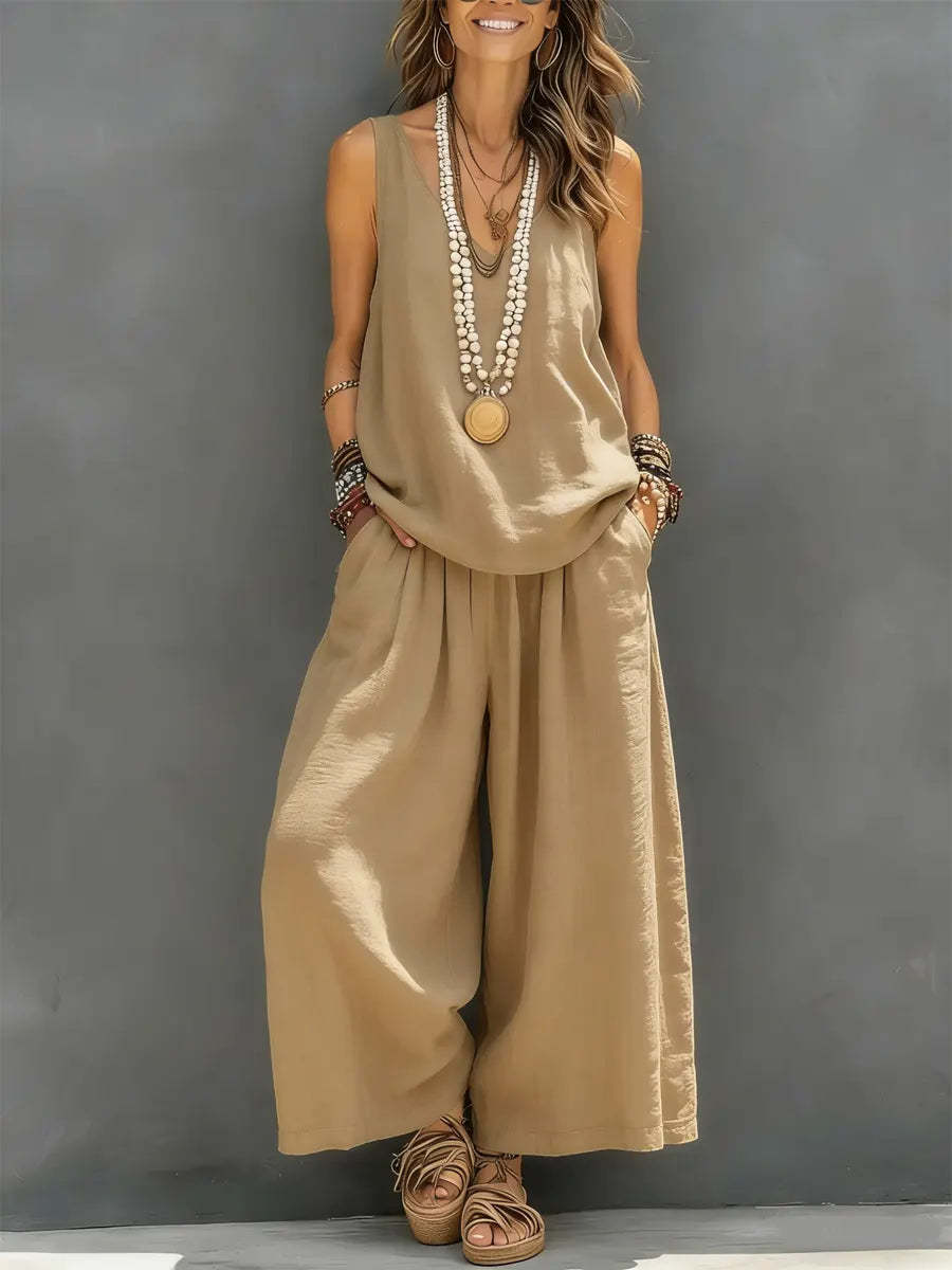 Women’s Cotton Linen Sleeveless Tank Top and Wide-Leg Pants Set Khaki