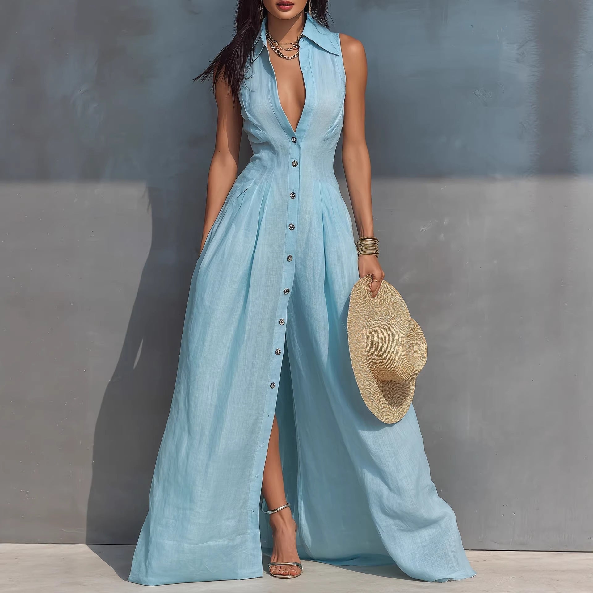 Women's High-Waist Lapel Shirt Maxi Dress – Elegant & Versatile Sky Blue