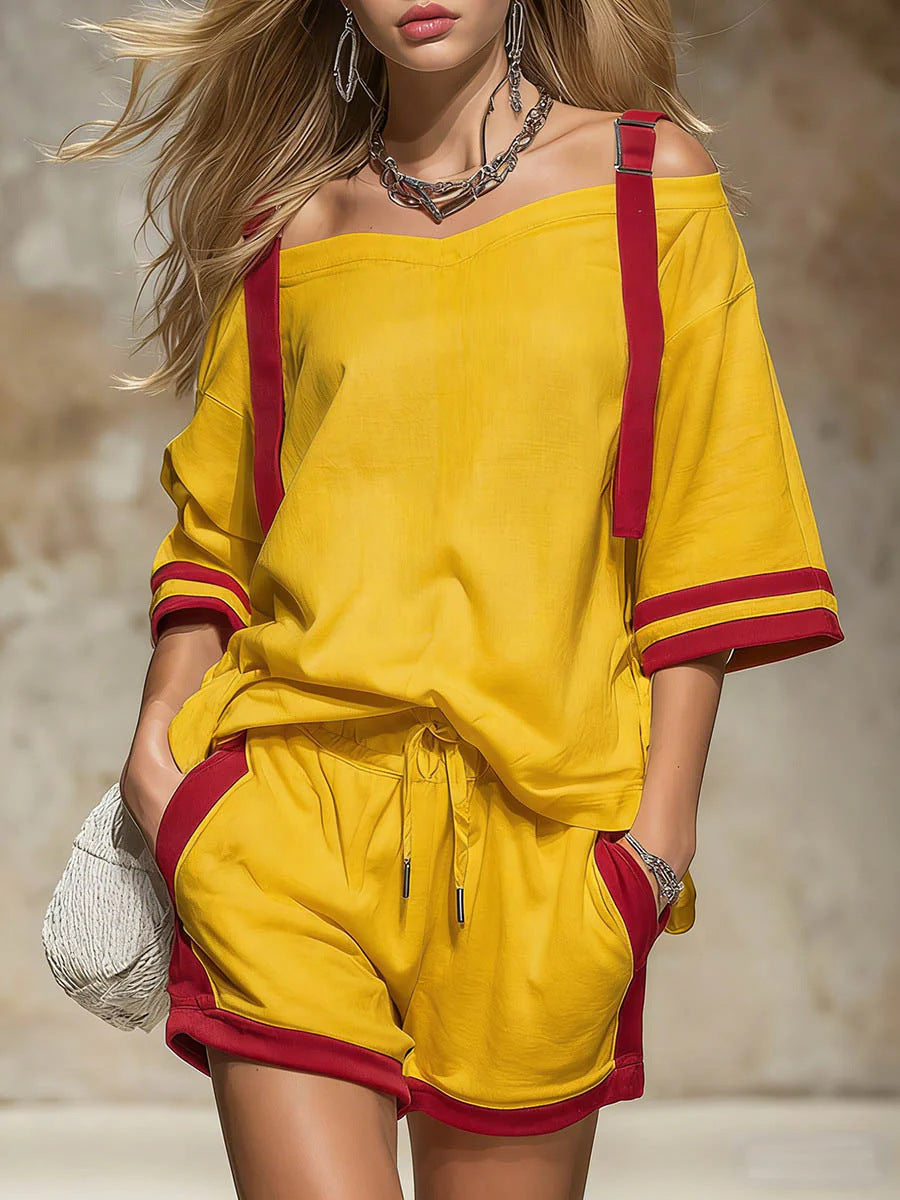 Women's Summer Contrast Color-Block Patchwork Shorts Set – 2-Piece Orange