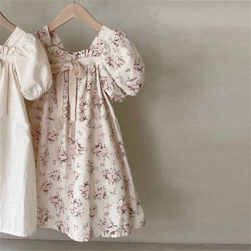 Girls Bow Bubble Sleeve Floral Square Neck Dress Floral