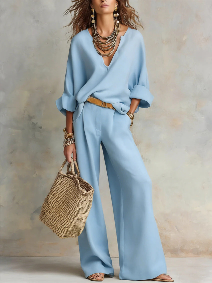 Women's Casual Linen Vacation Set – Three-Quarter Sleeve Top & Full-Length Pants Blue