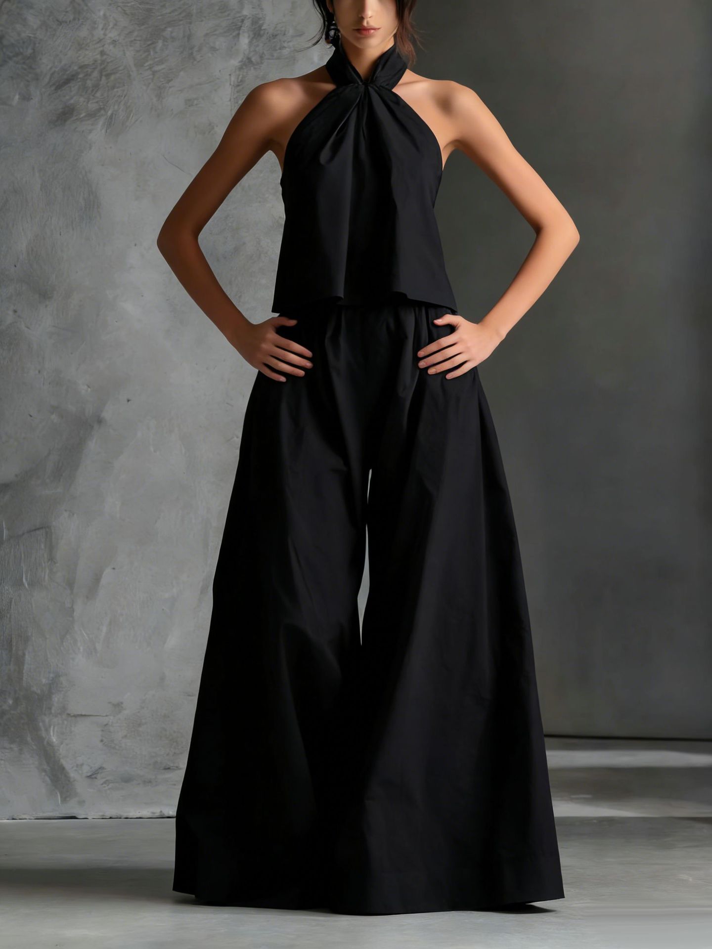 Loose-Fitting Sleeveless Top and Wide-Leg Pants Two-Piece Set. Black