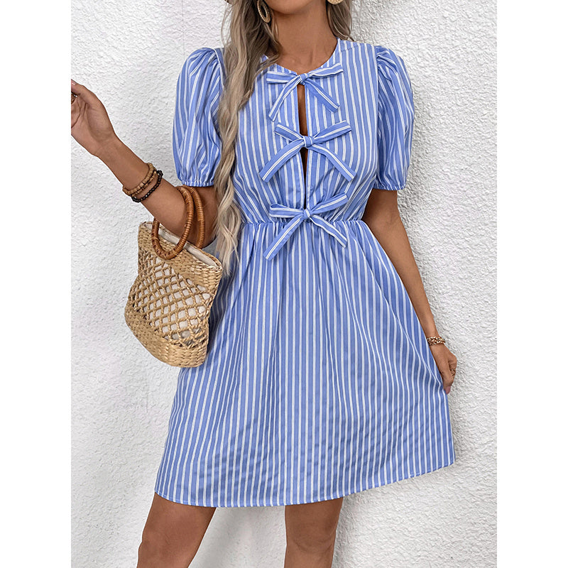 Women’s Striped Tie-Front Puff Sleeve Mini Dress Blue