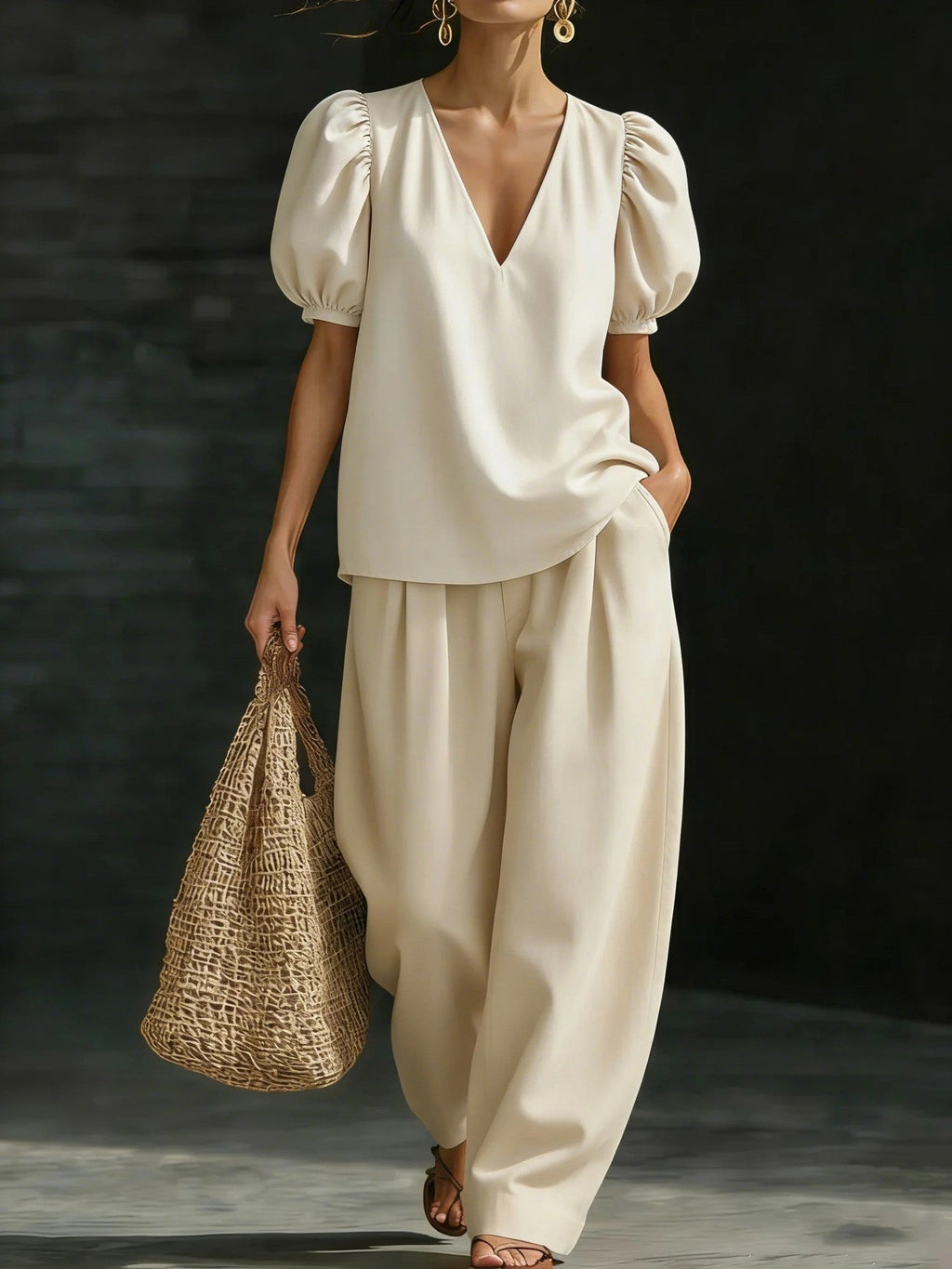Women’s V-Neck Casual Two Piece Set Apricot