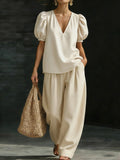 Women’s V-Neck Casual Two Piece Set Apricot