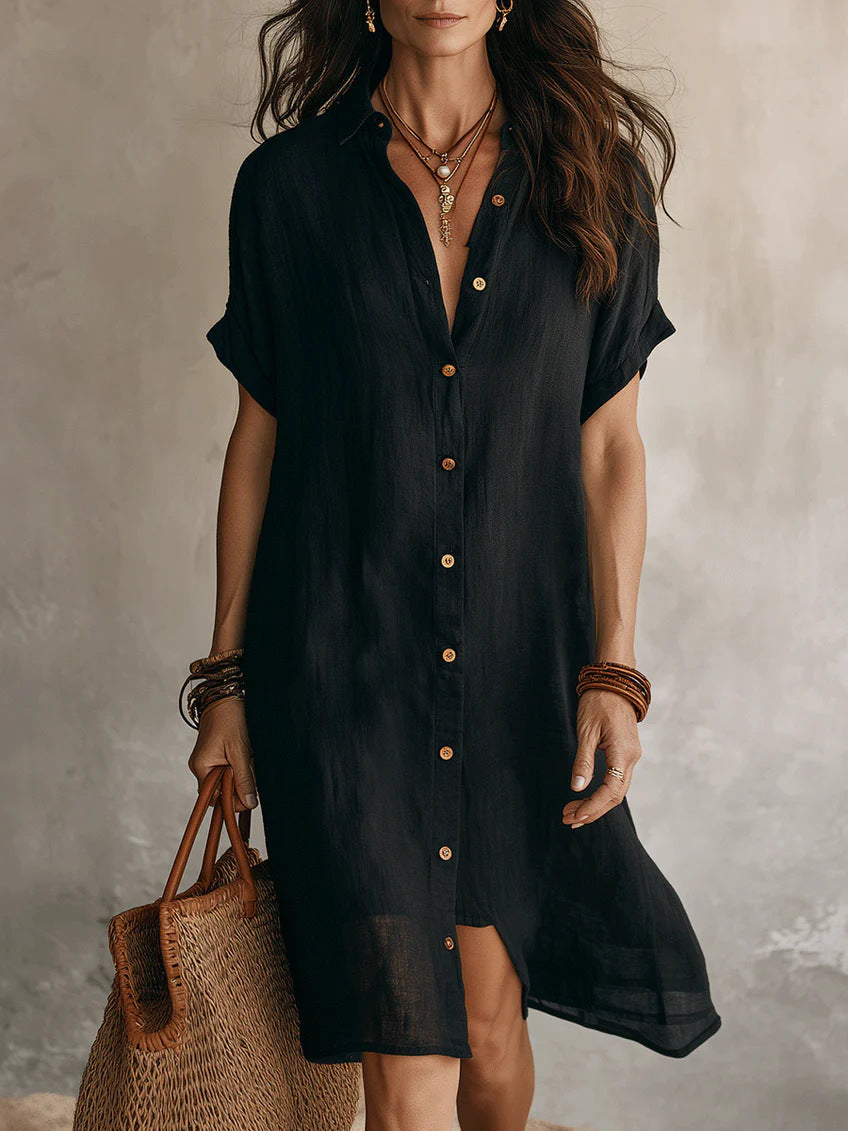Women's Buttoned Midi Shirt Dress – Short Sleeve Cotton Linen Black