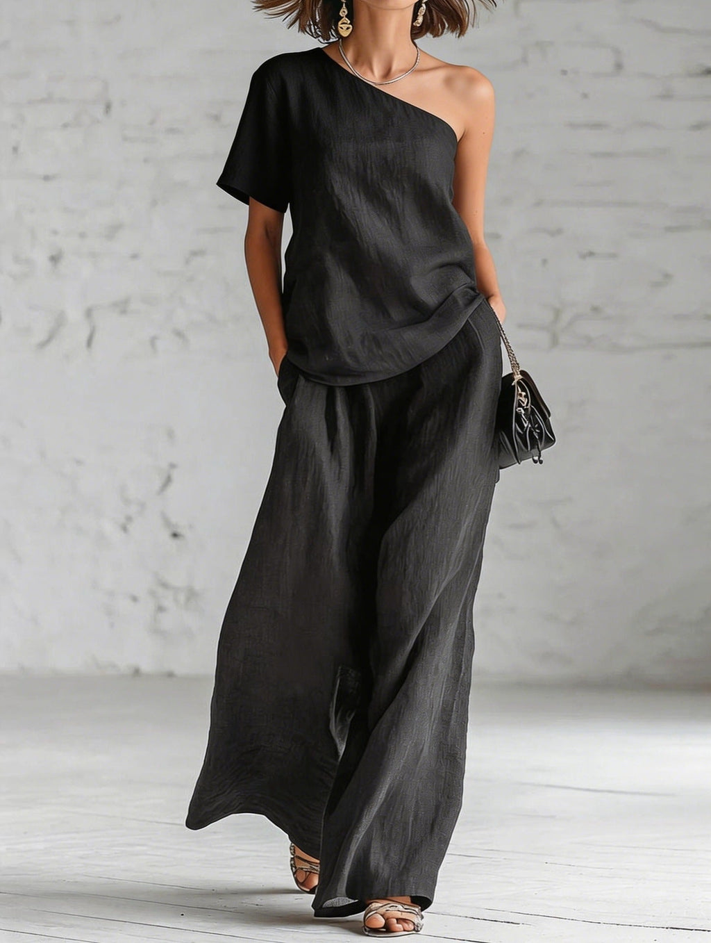 Women's Wide-Leg Pants & Top Set – 2-Piece Three-Quarter Sleeve Outfit Black