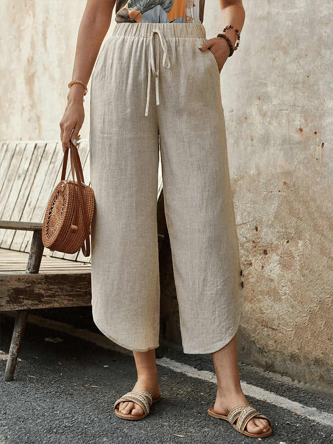 🌿 Women's Cotton-Linen Cropped Drawstring Pants Apricot