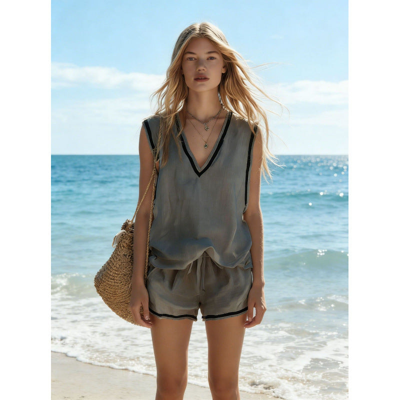 Women's V-Neck Vest & Shorts Two-Piece Set Gray