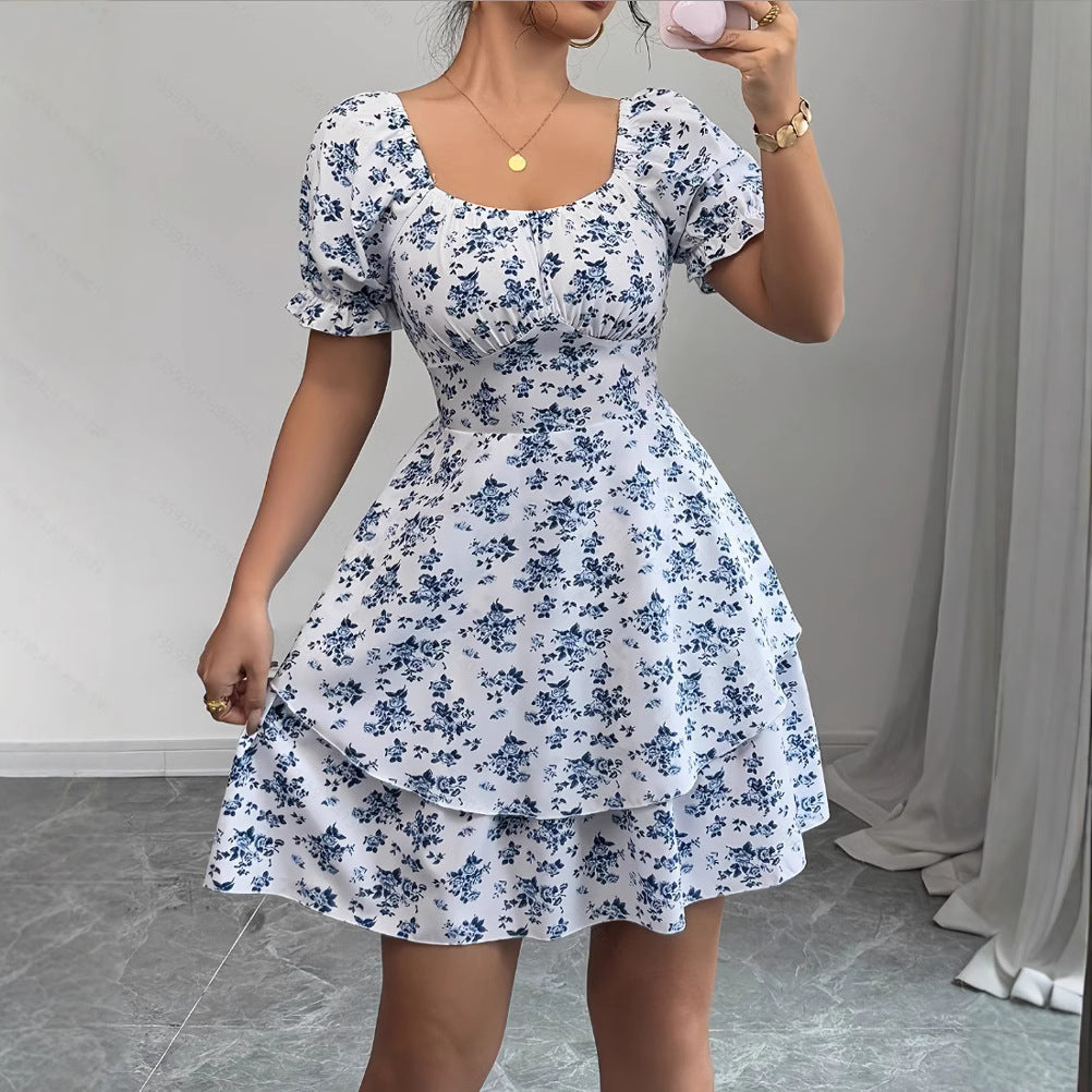 Ditsy Floral High Waist Flared Midi Dress – Short Sleeve Backless Summer Dress Blue