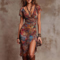 Women’s Slim-Fit Printed V-Neck Defined Waist Dress Color