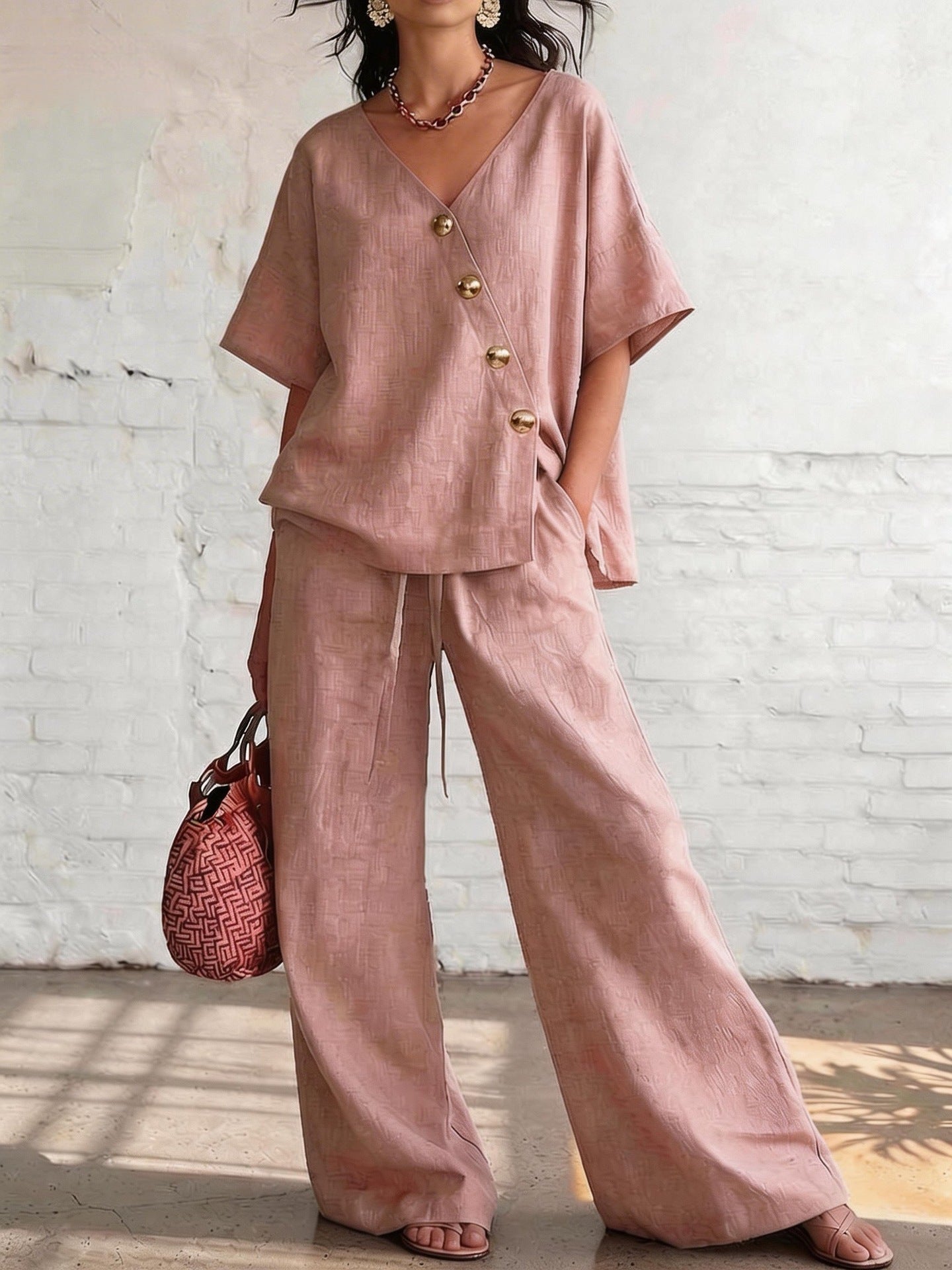 Women's Loose Cotton-Linen V-Neck Top & Wide-Leg Pants Set Pink