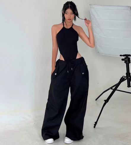 Women's High-Waist Lace-Up Straight-Leg Cargo Pants – Loose Fit Black