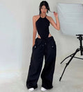 Women's High-Waist Lace-Up Straight-Leg Cargo Pants – Loose Fit Black