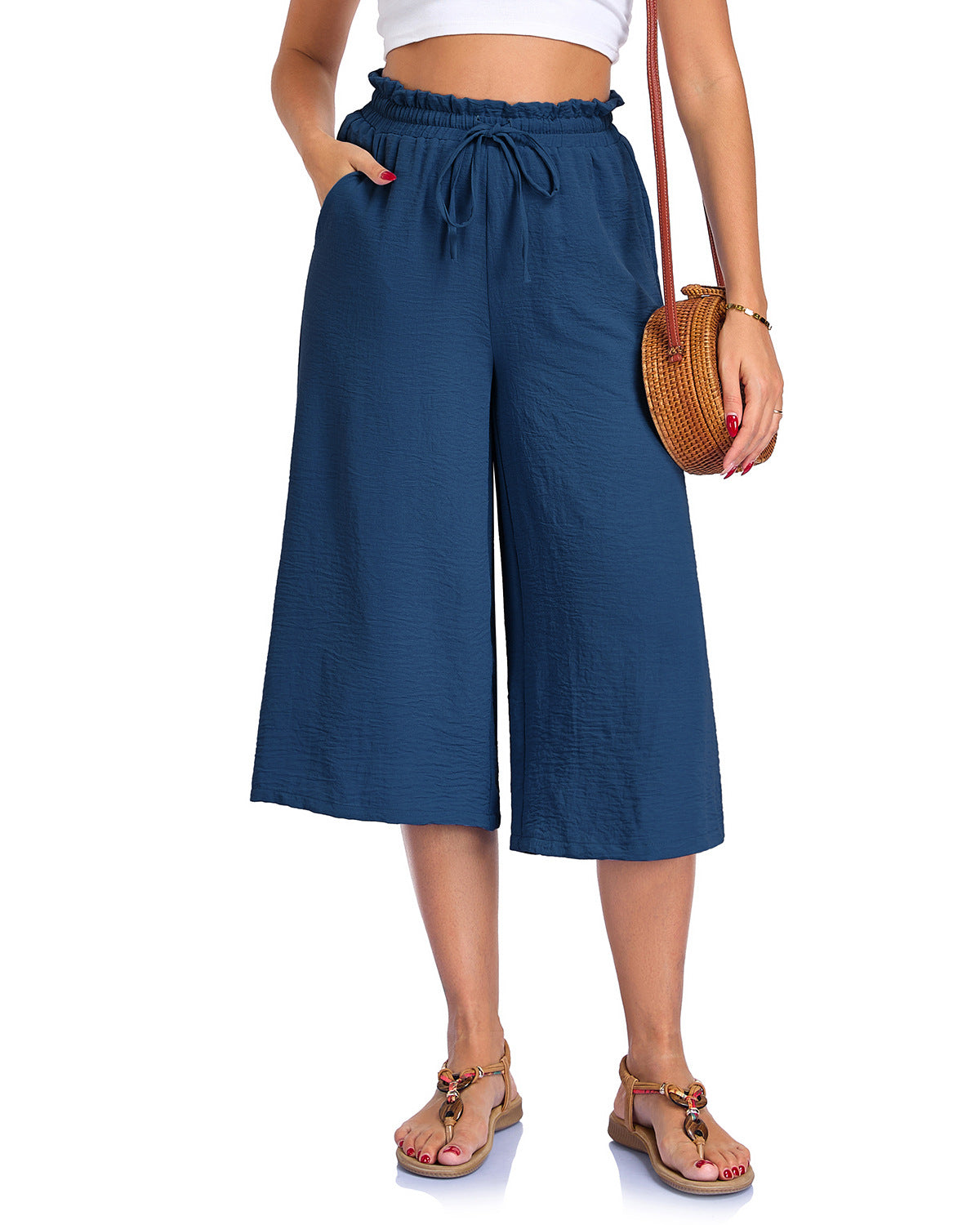Women’s Elastic Cropped Wide-Leg Pants Indigo Blue