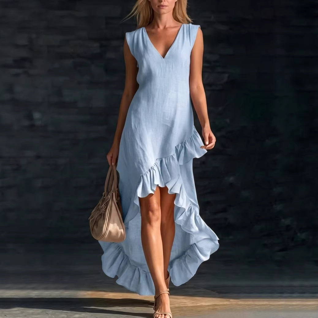 Cotton Long Sleeveless Casual Dress for Women Light Blue