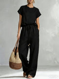 Women's Zip-Up Crew-Neck Top & Wide-Leg Pants Set Black