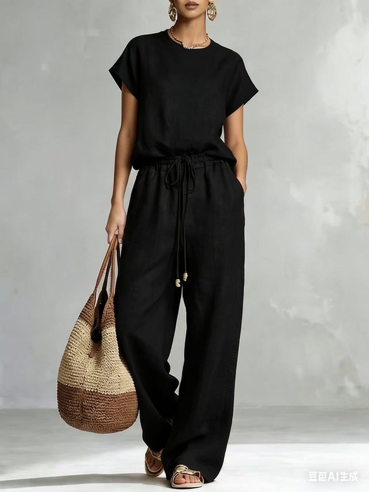 Women's Zip-Up Crew-Neck Top & Wide-Leg Pants Set Black