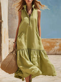 Women's Sleeveless Resort Dress – Loose Fit Zipper Detail Matcha